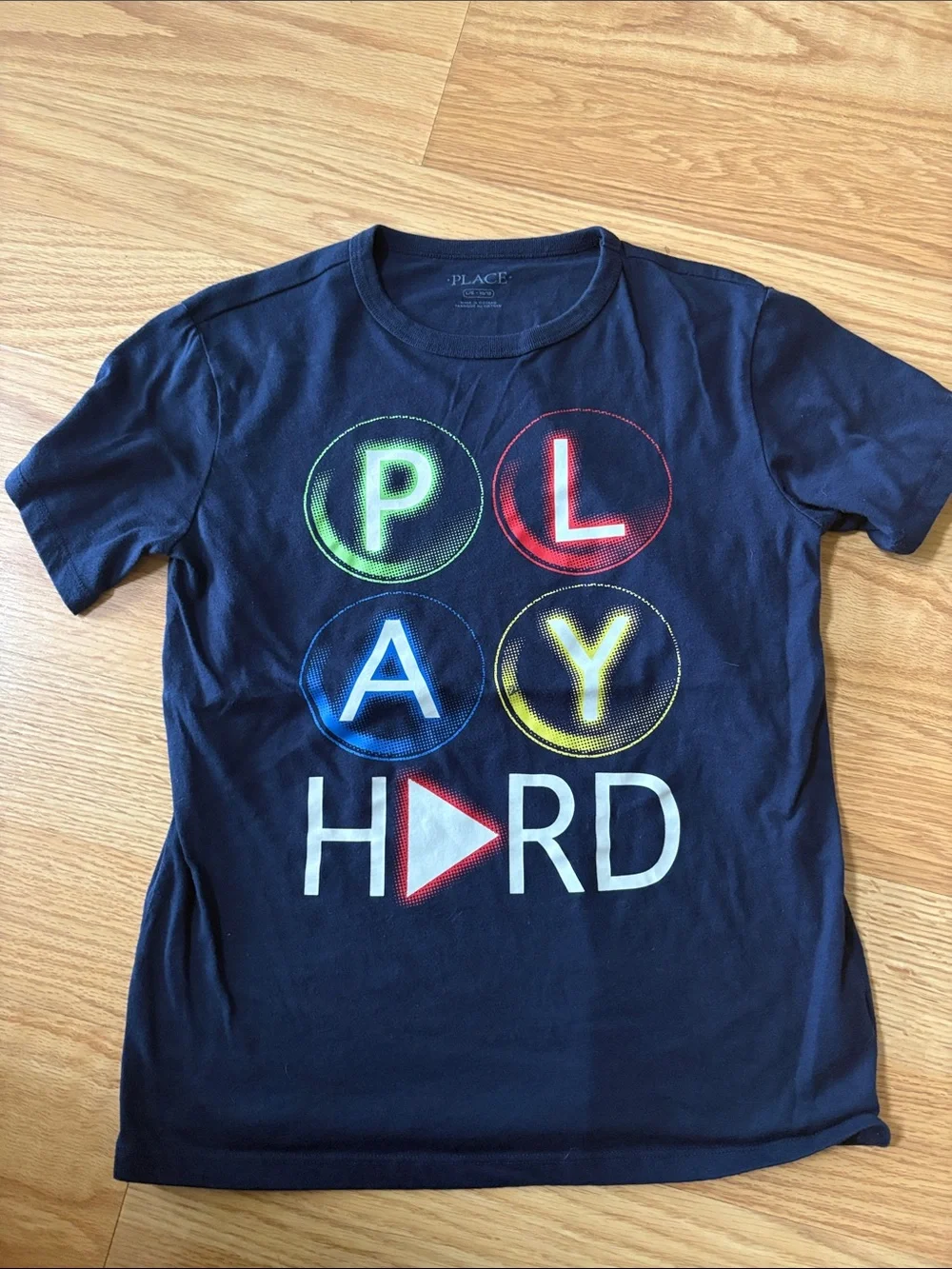Navy Graphic Tee with Multicolor Accents Size L Casual Athlete